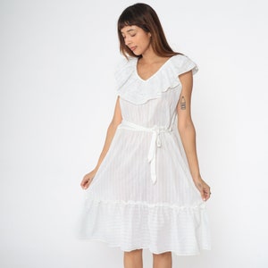 80s Prairie Dress White Sheer Ruffle Stripe Tie Waist Layered Skirt Lace Peasant Cottagecore Vintage Romantic Sun Dress Medium image 3