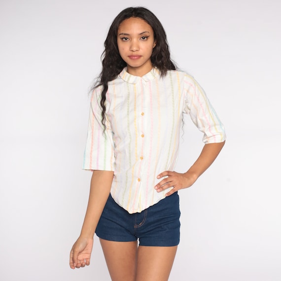 60s Blouse Button Up Shirt Pastel Rainbow Striped Shirt White Top Collar 1960s Boho 3/4 Sleeve Pastel Extra Small xs