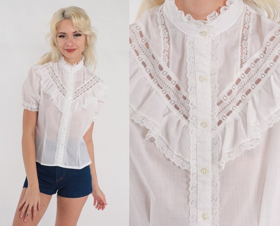 70s Victorian Blouse Sheer White Button up Prairie Top Puff Sleeve