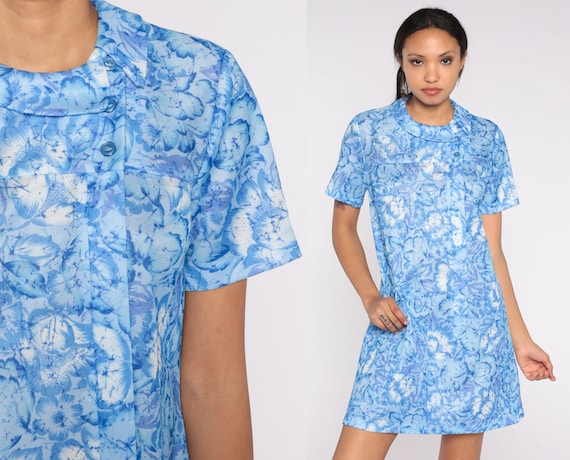 Mod Mini Shift Dress 60s 70s Blue Floral Dress Boho Groovy Gogo Hippie Sixties Seventies Minidress Retro Twiggy Short Sleeve Vintage Medium