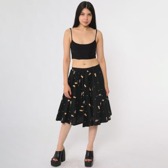 Popcorn Print Skirt 60s Novelty Black Mid Century Graphic A Line Full Circle Flared Knee Length Vintage High Waist Cotton Feel Medium M 8