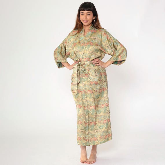 Vintage Chinese Robe 70s Kimono Style Satin Brocade Lounge Gown Gold Scenic Temple Print Dressing Gown 1970s Peony Brand Large L