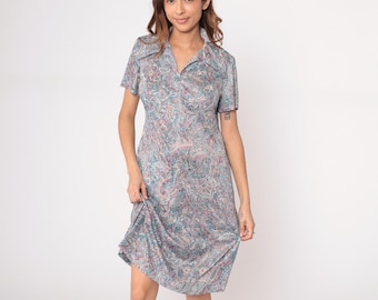 70s Psychedelic Dress Paisley Print Zipper Front Knee Length Blue Pink Cream Vintage Collared Summer Spring Lounge Day Dress Summer Large L