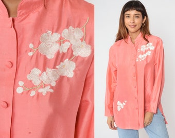 Pink Silk Blouse 90s Floral Embroidered Top Button up Shirt White Flower Long Sleeve Boho Asian Chinese Inspired Yi Lin Vintage 1990s Large