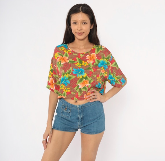 Tropical Crop Top Hibiscus Blouse 90s Hawaiian Floral Shirt Red Blue Green Short Sleeve Summer Tee Island Vacation California Krush Medium M
