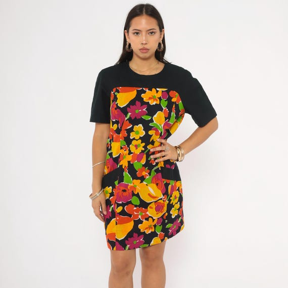 90s Psychedelic Floral Shift Dress Black Orange Pink Colorful Flower Power Linen Cotton Knee Length Summer Bright Colorful  Medium M