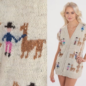 90s Alpaca Cardigan Sweater Short Sleeve Knit Cardigan Animal Button up Slouchy Oatmeal V Neck Vest Bohemian Vintage 1990s Medium Large