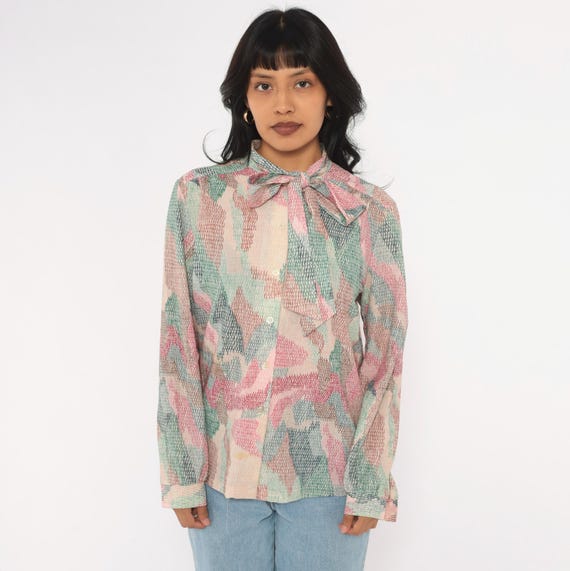 70s Abstract Print Blouse Pink Pastel Bow Tie Neck Button Front Long Sleeve Rainbow Top Multicolor Brushstroke Devon Vintage Medium M