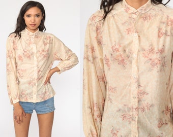 Peter Pan Collar Shirt Floral Blouse 70s Blouse Button Up Boho Top Novelty Print Vintage Long Sleeve 1970s Cream Small S