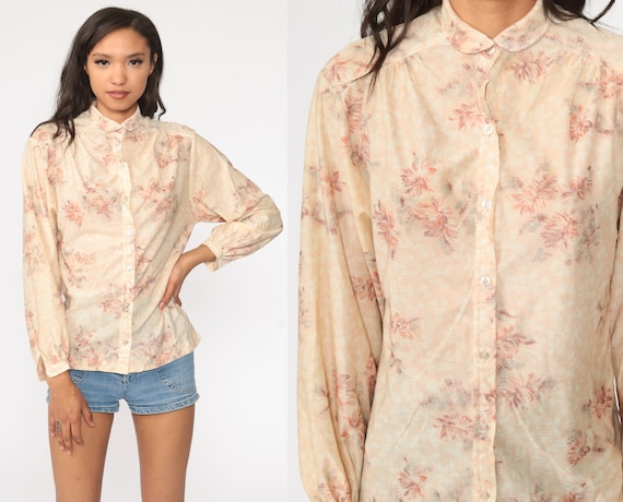 Peter Pan Collar Shirt Floral Blouse 70s Blouse Button Up Boho Top Novelty Print Vintage Long Sleeve 1970s Cream Small S