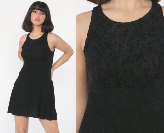 Black Mini Dress 90s Lycra Spandex Dress Floral Go