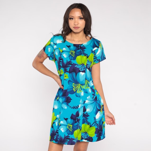 Blue Hawaiian Mini Dress 70s Sears Hawaiian Fashions Hibiscus Tropical Floral Resort Island Paradise Summer Sundress Vintage Cotton Large 18