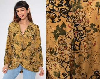 Baroque Inspired Silk Shirt 90s Ornate Floral Button Up Blouse Mustard Yellow Abstract Retro Long Sleeve Top Vintage 1990s Small Medium