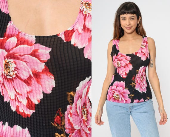 Floral Popcorn Tank Top Y2K Black Pink Texture Blouse Stretchy