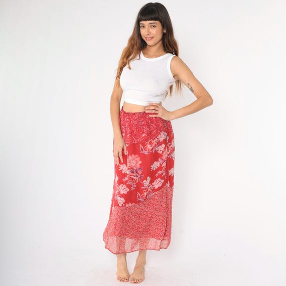 90s Red Floral Skirt Tiered Paisley Print Midi Skirt Hippie Boho High Waisted Summer Casual Bohemian Vintage 1990s Size Medium M