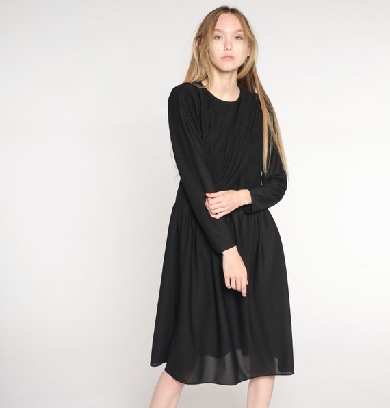 Vintage Black Midi Dress 70s Semi-Sheer Dress Boho PUFF SLEEVE Dress Pleated Asymmetrical 1970s Bohemian High Waist Long Sleeve Small Medium