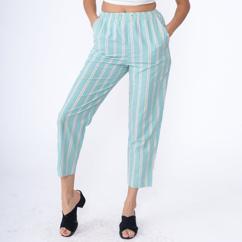 80s Striped Pants Pastel Green Pink Seersucker Elastic Waist Trousers High Waisted Slacks 1980s Tapered Leg Casual Pants Vintage Small 4 image 4