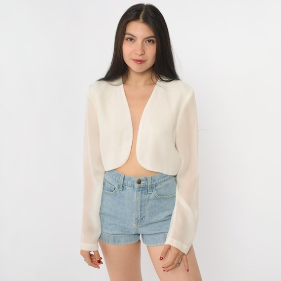 Cream Cropped Blazer 90s Open Front Jacket Vintage Minimalist Office Coquette Preppy Academic Professional Chic Structured Clean Small S 8