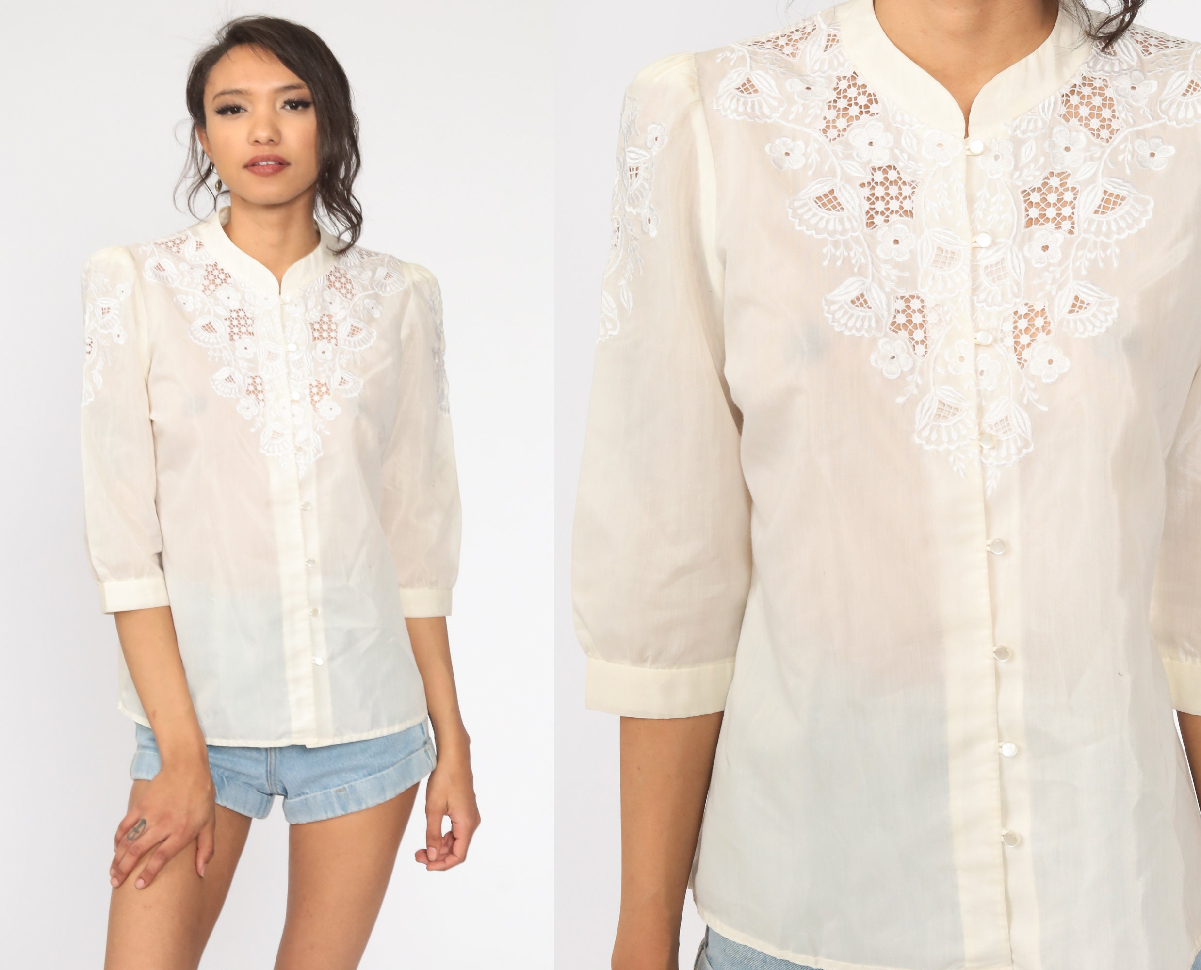 Cutout Lace Blouse 80s Boho Embroidered 