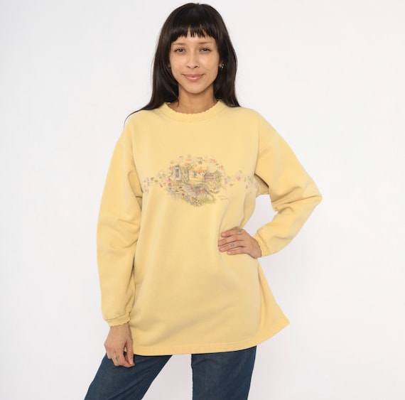 Garden Scene Sweatshirt 90s Butter Yellow Lace Trim Cottagecore Floral Pullover Golden Autumn Leaf Cotton Grannycore Art Vintage Large L