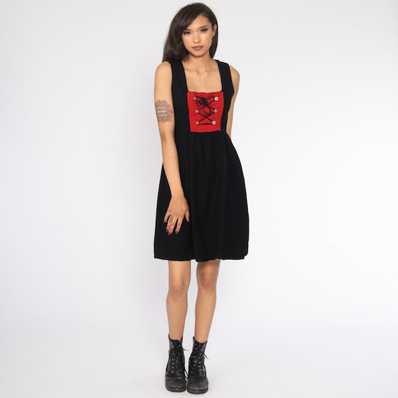 German DIRNDL Dress Wool OKTOBERFEST Dress 90s Mini Black Corset Lace Up Folk 1990s Peasant Vintage Jumper Dress Octoberfest Small S