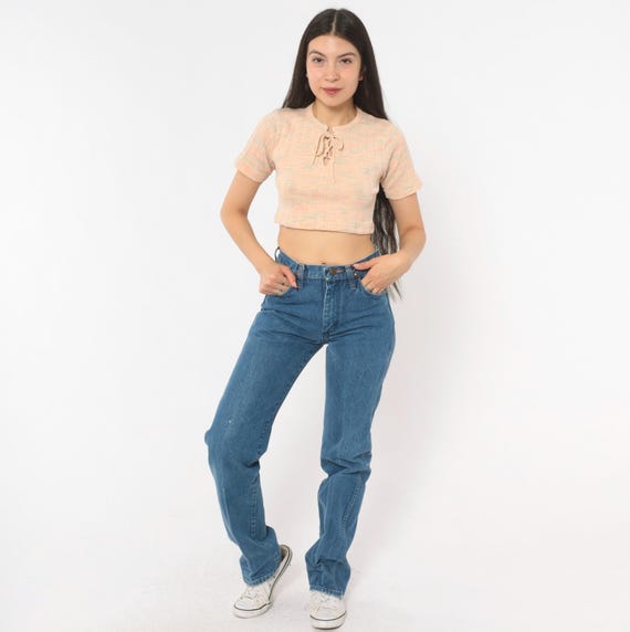 Wrangler High Waisted Jeans 90s Straight Leg Denim Blue Cotton Western Cowgirl Medium Wash Mom Jean Vintage Pants Trousers Extra Small XS