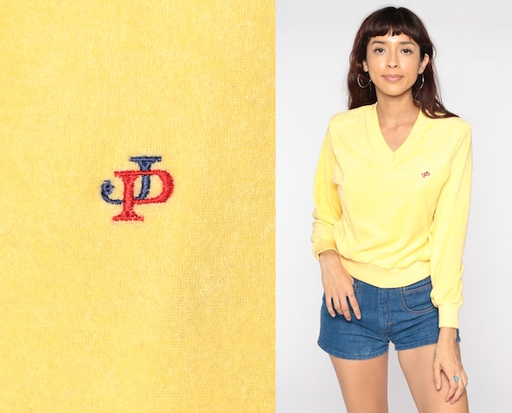 Terry Cloth Shirt 80s Yellow Sweatshirt V Neck Sweater Slouchy Terrycloth 70s Shirt Long Sleeve Vintage Retro Medium