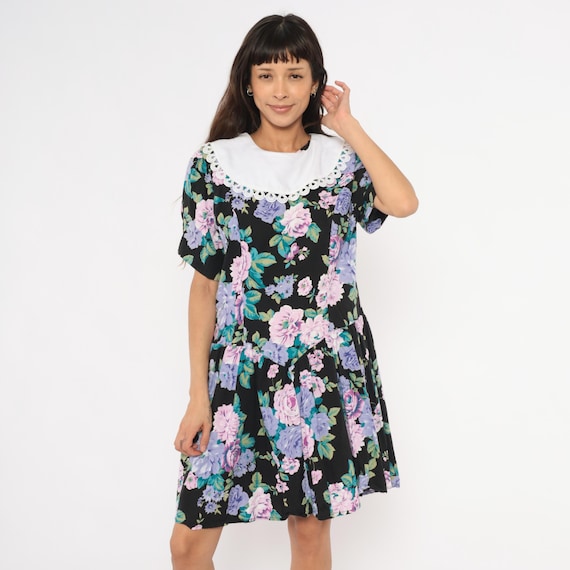 90s Floral Drop Waist Dress Black Purple Pink Lace Collar Cotton Knee Length Short Sleeve Rose Print Prairie Cottagecore Bib Frock Large L