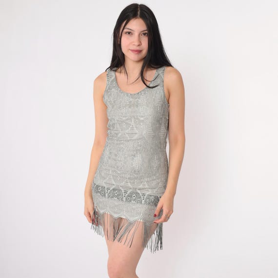 Vintage Y2K Fringe Lace Dress Bodycon Mini Dress Sleeveless Party Going Out Clubwear Grey Scoop Neck 00s Flapper Extra Small xs