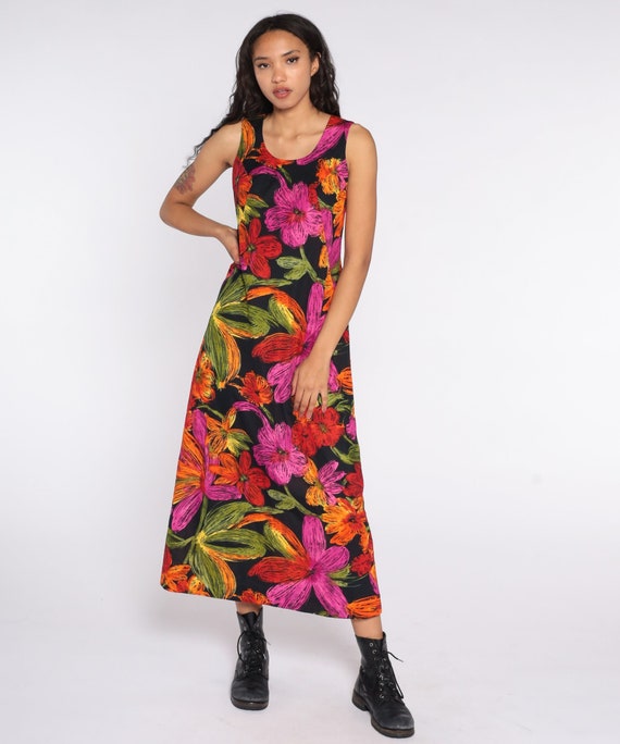 Floral Summer Dress 90s Sundress Maxi Floral Sun Dress Black Red Pink Dress Vintage Shift Sleeveless Sheath Small Medium