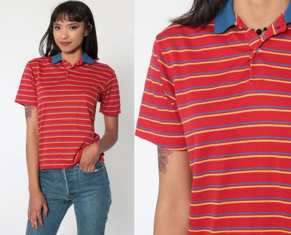 Sasson Polo Shirt 80s Red Striped Shirt Half Button Up Shirt Blue Retro Collared 1980s Nerd Geek Vintage Short Sleeve Small