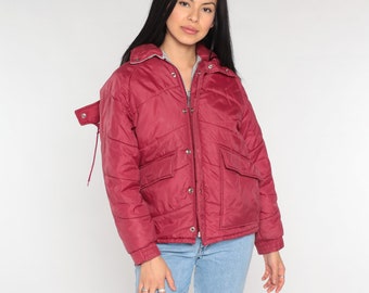 Hooded Puffer Jacket 80s Red Ski Jacket Retro Puffy Coat Winter Hoodie Detachable Hood Skiwear Sporty Vintage 1980s Montgomery Ward Small S