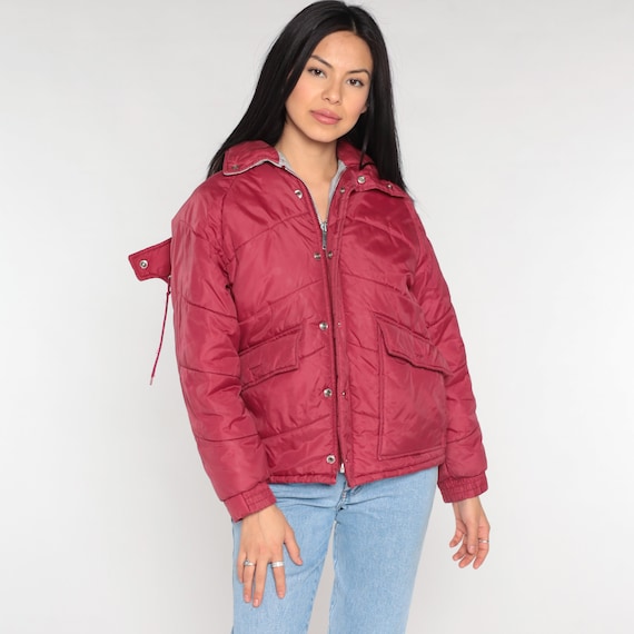 Hooded Puffer Jacket 80s Red Ski Jacket Retro Puffy Coat Winter Hoodie Detachable Hood Skiwear Sporty Vintage 1980s Montgomery Ward Small S