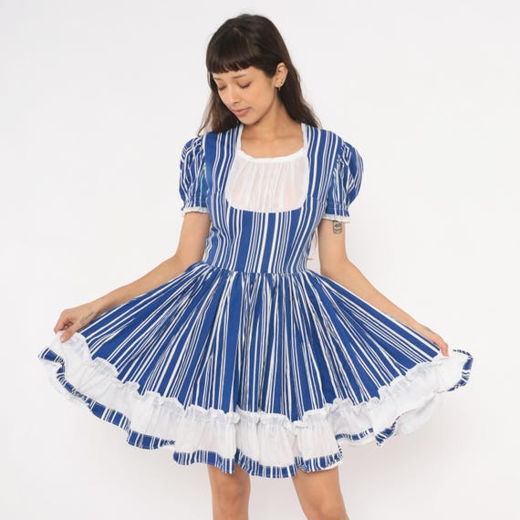 70s Mini Prairie Babydoll Dress Striped Puff Sleeve Blue White Cotton Gathered Skirt Ruffle Lace Trim Cottagecore Americana Vintage Small S