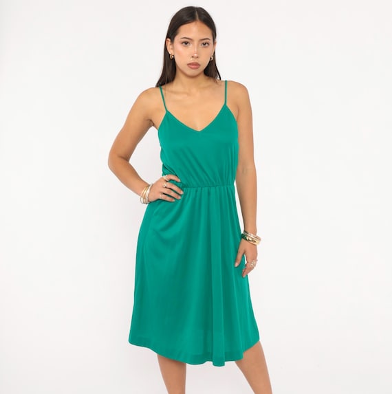 70s Teal Sundress Spaghetti Strap Dress V Neck Emerald Green Gathered Waist Sleeveless Summer Spring Slip Style Vintage Extra Small S