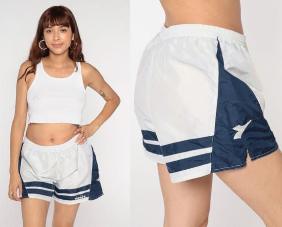 Vintage Diadora Soccer Shorts 90s Nylon Gym White Navy Blue