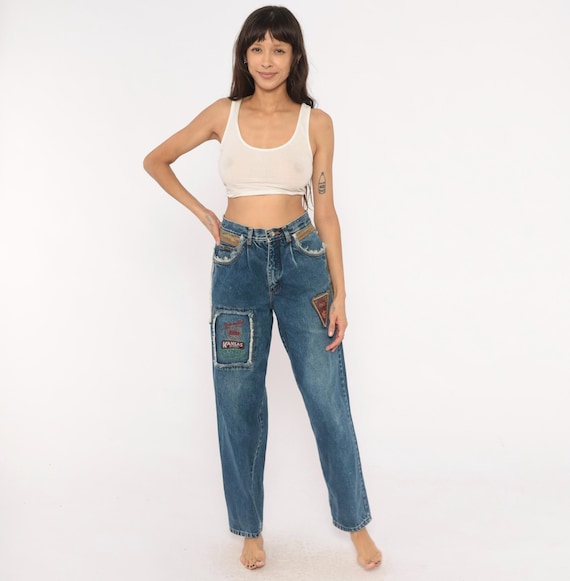 90s Patchwork Jeans Kansas Brand Embroidered Denim Suede Waisted Tapered Leg Cotton Mom Pants Distressed Blue Stonewash Streetwear Small S