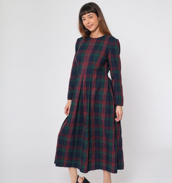 Long Plaid Dress 90s Maxi Dress Tartan Checkered Print Puff Sleeve Pleated Dark Academia Ankle Length Vintage 1990s Cynthia Howie Medium 10
