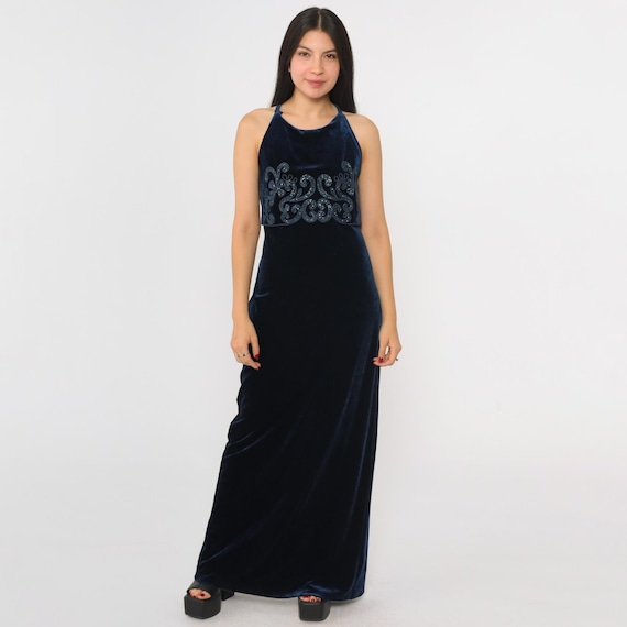Vintage Blue Velvet Dress 90s Glitter Maxi Party 1990s Cocktail Spaghetti Strap Evening Gown Sparkly Criss Cross Strappy Formal Prom Medium