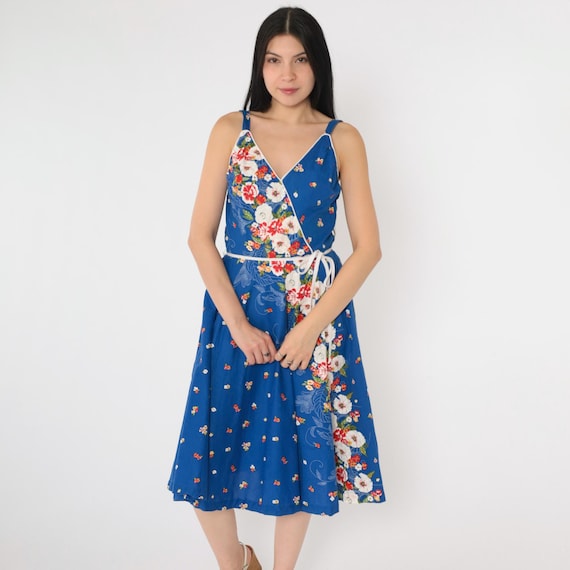 Vintage Floral Sun Dress 80s Royal Blue Midi Retro Smocked High Waisted Sleeveless Sundress Summer Faux Wrap V Neck 1980s Small Medium