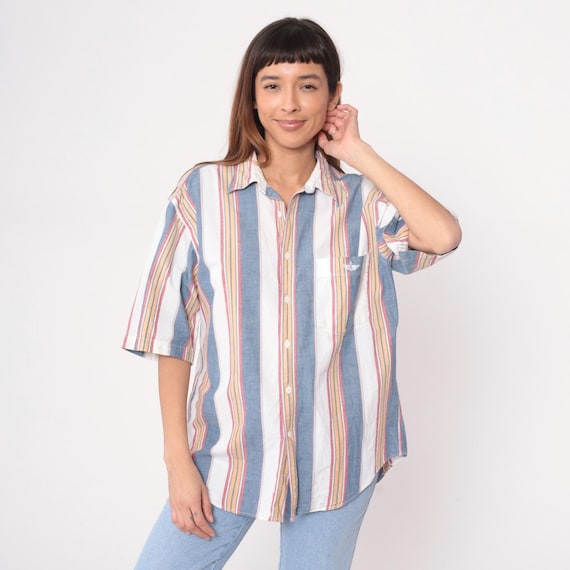 90s Striped Shirt Dockers Cotton Button Front Vertical Blue White Pink Yellow Blouse Long Tunic Preppy Casual Work Top Medium M