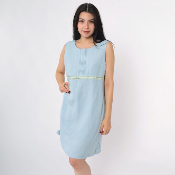 Vintage Blue Linen Blend Dress Y2K Sleeveless Mini Pintuck Floral Ribbon Trim Easy Fit Shift Minimalist 2000s Pastel Petite Size 12 Large