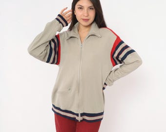 80s Track Jacket Grey Zip Front Striped Cotton Bomber Navy Red Stripe Sleeves Sporty Athletic Warm Up Jogging Boxy Unisex Vintage Medium M