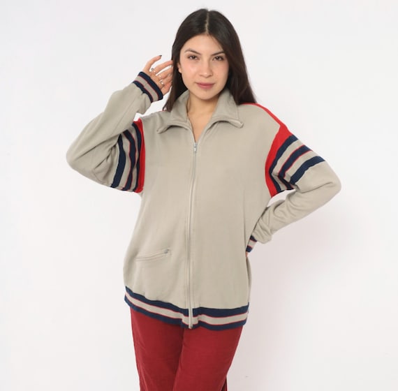 80s Track Jacket Grey Zip Front Striped Cotton Bomber Navy Red Stripe Sleeves Sporty Athletic Warm Up Jogging Boxy Unisex Vintage Medium M