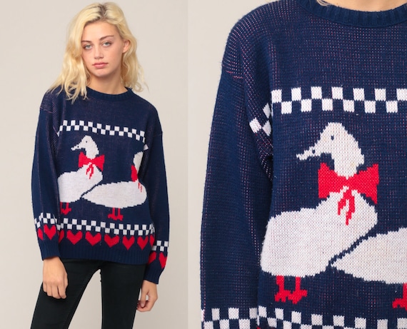 80s Sweater Duck Sweater Vintage Animal Bird Sweater Novelty Knit Pullover Jumper Kawaii Boho 1980s Slouch Navy Blue Large
