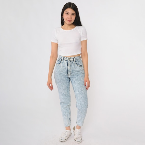 Acid Wash Jeans 90s Gitano High Waisted Light Blue Stone Washed Mom Jeans Grunge Vintage Cotton Denim Tapered Fit Small S 7/8