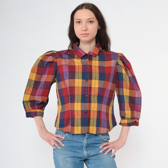80s Plaid Puff Sleeve Blouse Vintage Button up Shirt Top Retro Preppy Semi-Cropped Checkered 3/4 Sleeve Red Purple Yellow 1980s Medium M