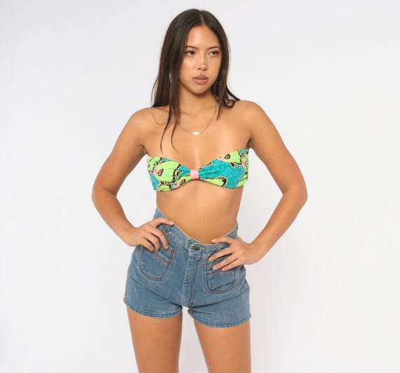 90s Bikini Top Neon Green Tropical Fish Print Bandeau Ruched Strapless Swimwear Blue Pink Surf Beach Pool Swimsuit Splash Vintage Medium M