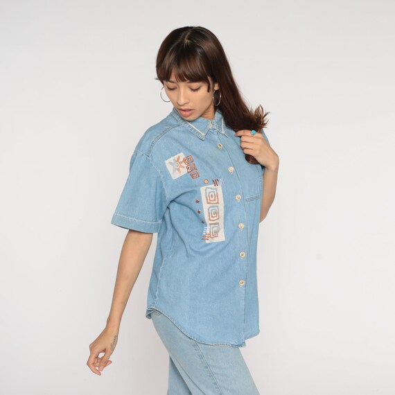 90s Denim Shirt Blue Jean Button up Top Studded G… - image 5