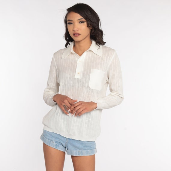 70s Boho Blouse White Cutout Shirt SHEER Top Bohemian Tunic Cutout Shirt Boho Hippie Vintage Long Sleeve Cut Out Polo Large